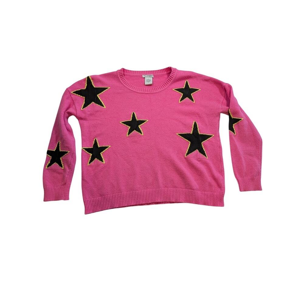 Theo & Spence‎ Pink Black Star Knit Sweater Women's Size L Crew Neck Long Sleeve